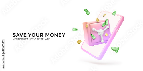Mobile phone with lock safe and falling gold coin and paper money. Online banking or smart bank security service application
