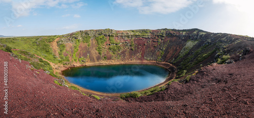 kerid volcano with blue crater lake, golden circle in southeast iceland