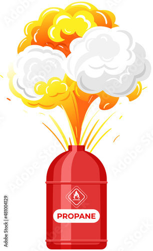 Explosion of gas in cylinder, container with fuel. Balloon with flammable, explosive subtance inside. Metal tank with liquefied compressed petroleum, propane explodes. Canister with pressurized gas