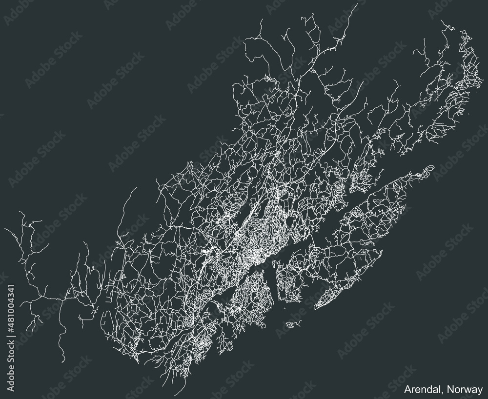Detailed negative navigation white lines urban street roads map of the Norwegian regional capital city of ARENDAL, NORWAY on dark gray background