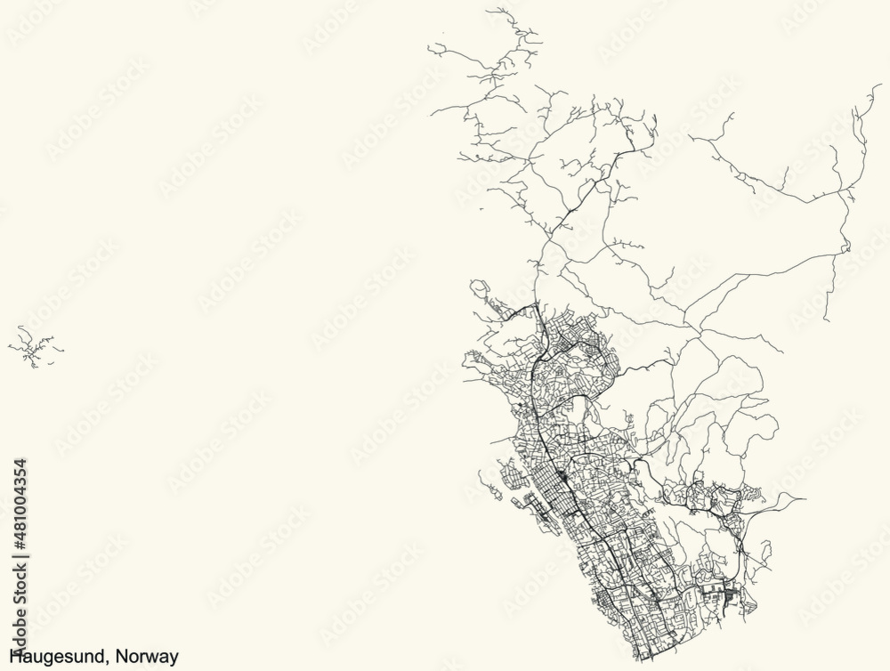 Detailed navigation black lines urban street roads map of the Norwegian regional capital city of HAUGESUND, NORWAY on vintage beige background Detailed navigation black lines urban street roads map of the Norwegian regional capital city of HAUGESUND, NORWAY on vintage beige background