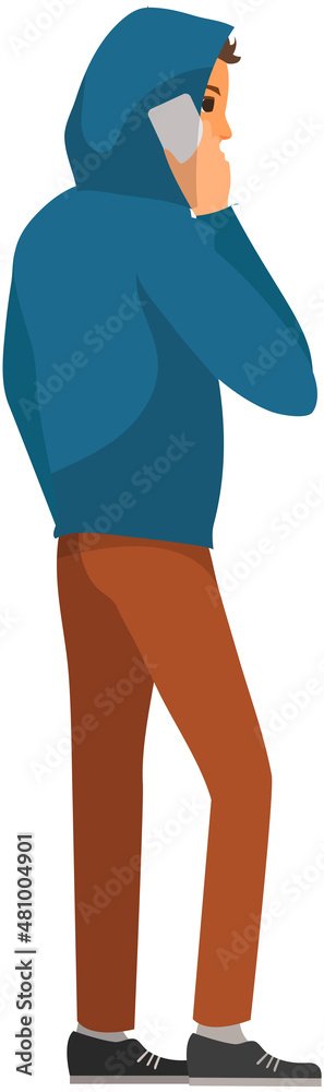 Full length portrait of male character in casual cloth. Young guy or student standing with smartphone and communicating. Man with phone turns his back to viewer. Person during telephone conversation Full length portrait of male character in casual cloth. Young guy or student standing with smartphone and communicating. Man with phone turns his back to viewer. Person during telephone conversation