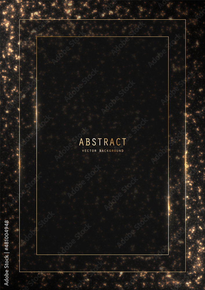 Vector shiny black festive background with a golden glitter, sparkles, outline frame and copy space. Premium brilliance decorative celebratory design template of invitation, brochure, notebook or card - obrazy, fototapety, plakaty 