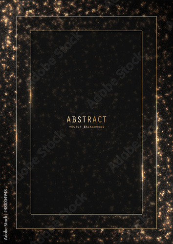 Vector shiny black festive background with a golden glitter, sparkles, outline frame and copy space. Premium brilliance decorative celebratory design template of invitation, brochure, notebook or card