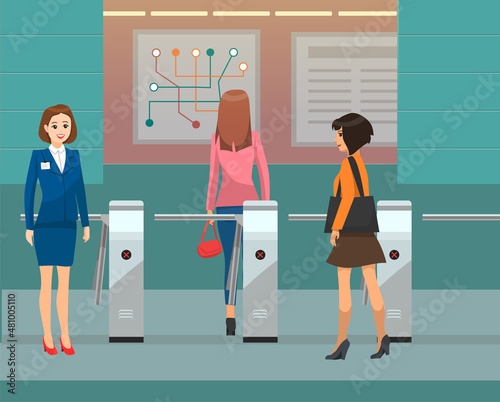 Access control equipment for metro station. People pass access turnstiles with magnetic card. Lady at automatic checkpoint passes subway inspector. Woman examining plan of subway station lines