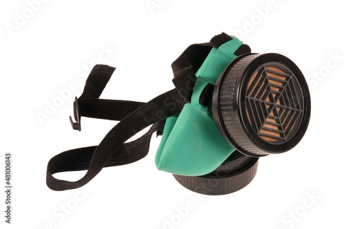 A dirty industrial dust mask on a white background. Dust masks are part of the personal protective equipment workers wear in areas with dust exposure.