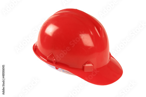 A red hard hat on a white background.