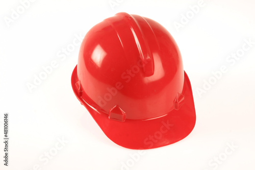 A red hard hat on a white background.