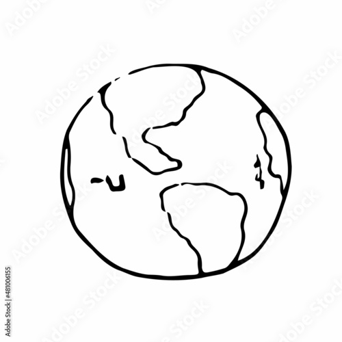 Vector doodle line drawing of circle world map. Globe earth icon silhouette for education and earth day concept. Infographics, geography presentation isolated on white background.