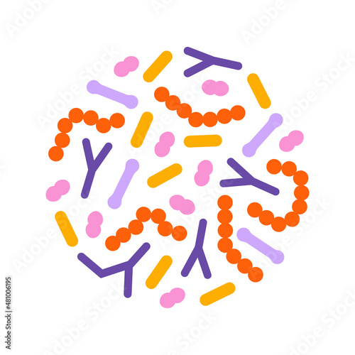 Probiotic bacteria set in circle. Gut microbiota with healthy prebiotic bacillus. Lactobacillus, acidophilus, bifidobacteria and other microorganisms for biotechnology.