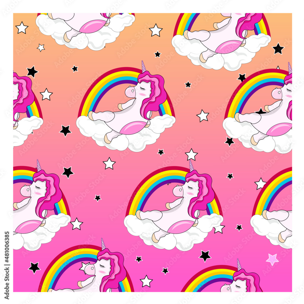 Seamless pattern with unicorns. Print for children. Gradient background. Vector stock illustration. Cartoon. Rainbow with clouds. Stars.