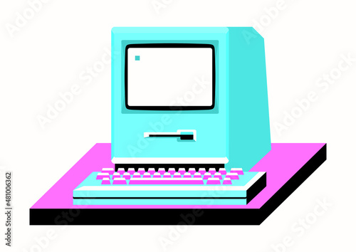 Retro computer in the style of the colors of the 80s. Flat vector.