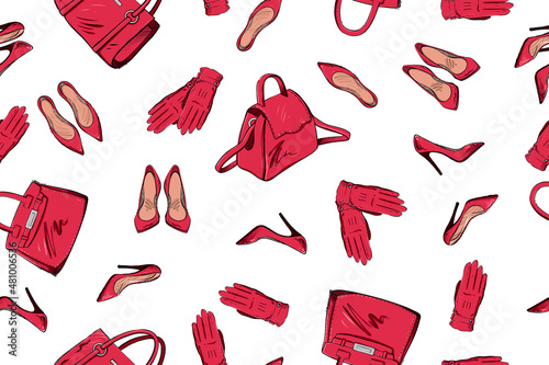 Seamless pattern of woman accessories, color vector illustration