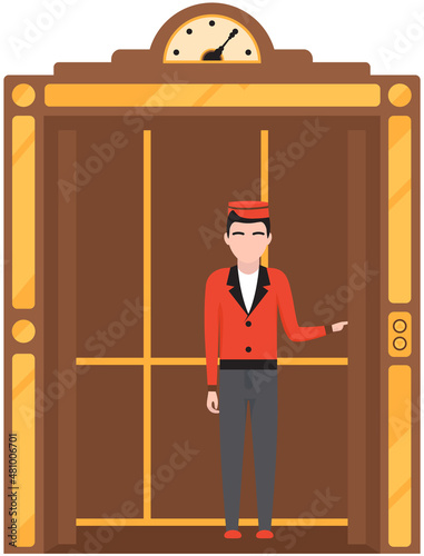 Modern elevator made in old vintage style. Door to cabin of mechanical lift with lifting mechanism. Doorman standing inside retro lift. Elevator with doors and floor counter vector illustration