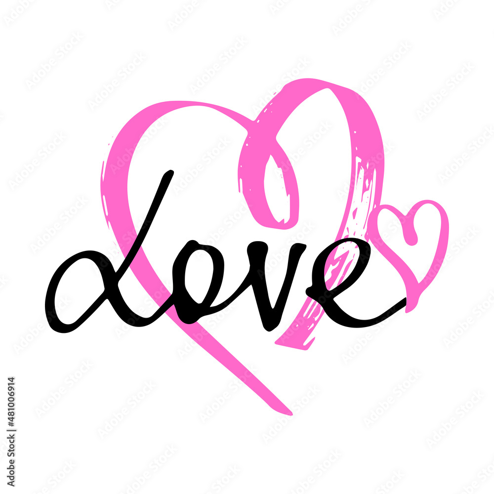 Love word in pink heart. Vector lettering.