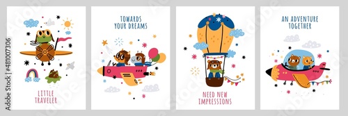 Animals pilots cards. Airplanes with passengers and aviators. Cartoon characters flying on air balloon. Frog traveler. Foxes and bears piloting planes. Aircraft flight. Vector postcards set