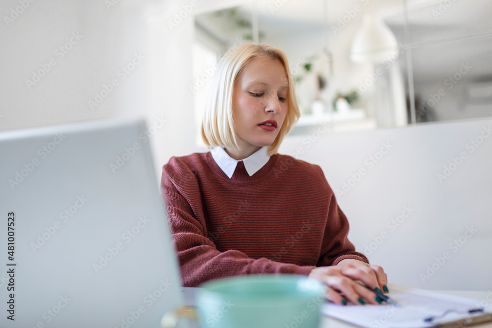 Beautiful woman freelancer noting information for planning project doing remote job via laptop computer. woman reading email on modern laptop device Beautiful woman freelancer noting information for planning project doing remote job via laptop computer. woman reading email on modern laptop device