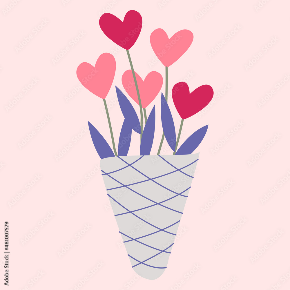 A bouquet of flowers in the shape of hearts. Valentine card. Vector symbols of love. valentine's day. A series of postcards in boho style. A bouquet of flowers in the shape of hearts. Valentine card. Vector symbols of love. valentine's day. A series of postcards in boho style.