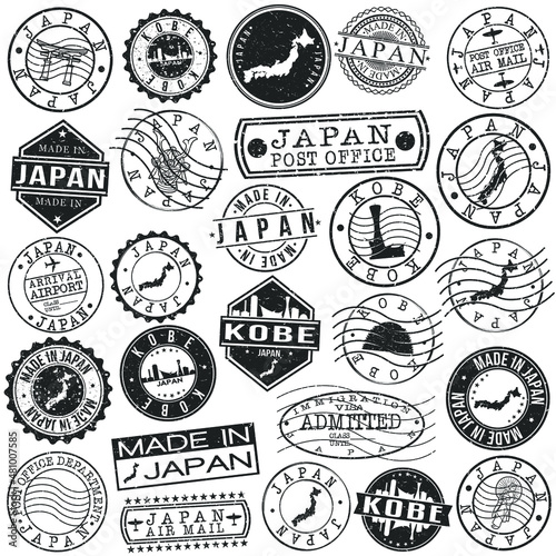 Kobe, Hyogo, Japan Set of Stamps. Travel Stamp. Made In Product. Design Seals Old Style Insignia.