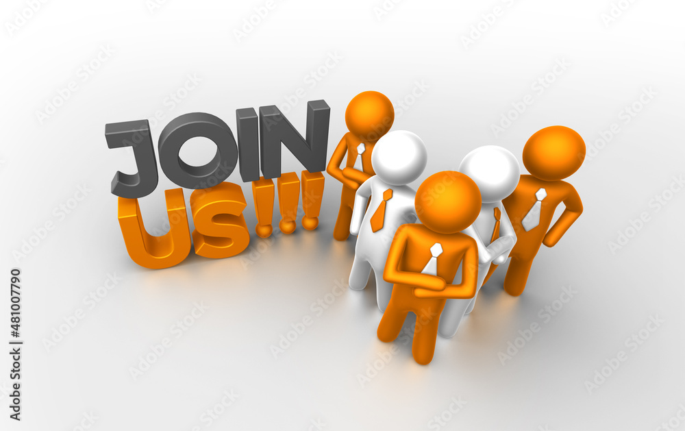 JOIN US! text and people for events, marketing business, programmes, poster, banner, bunting and advertising. 3D people with landscape orientation, orange and white color with white background. JOIN US! text and people for events, marketing business, programmes, poster, banner, bunting and advertising. 3D people with landscape orientation, orange and white color with white background.