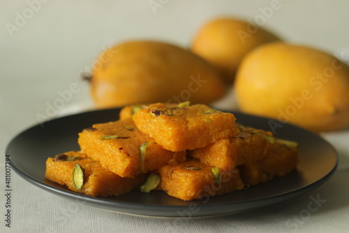Mango fudge or Mango barfi or Mango kalakand. A mango version of Indian sweet dish Kalakand.