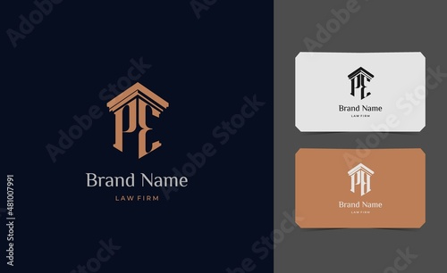 pillar logo letter PE with business card vector illustration template