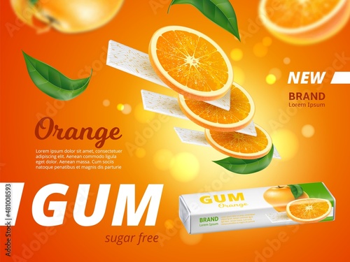 Fruit chewing gum. Citrus bubblegum. Realistic flying refreshing sticks with orange slices. Chewy stripes and leaves. Sugar free. Packaging design for branding. Vector advertising poster