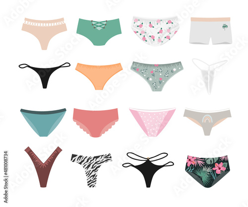 Woman underwear set. Panties design. Female lingerie symbols, vector illustration collection isolated on white