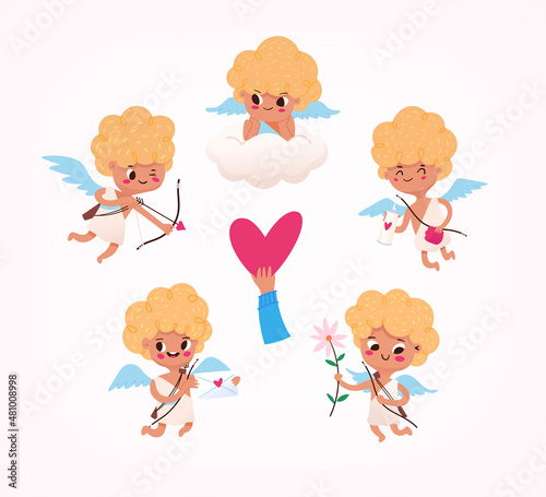 Collection of little angel kids cupid with wings clouds hearts and bow with arrows. Isolated vector images for valentines day greeting cards and labels