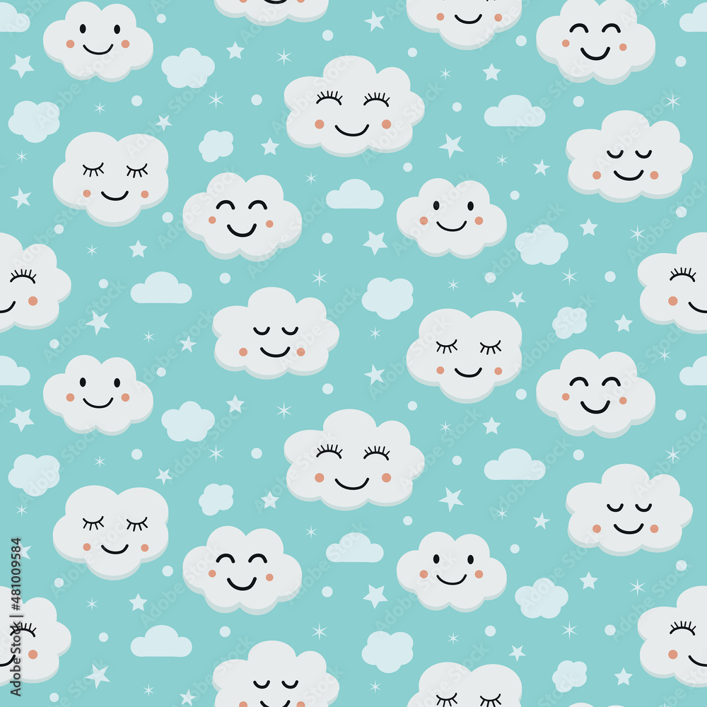 Cute smiling white clouds seamless pattern on pastel blue background. Great for kids cloths , textile, nursery wall and baby shower Cute smiling white clouds seamless pattern on pastel blue background. Great for kids cloths , textile, nursery wall and baby shower
