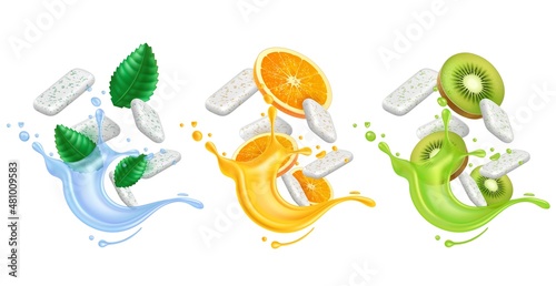 Realistic chewing gum. 3D splashes juice or water with bubblegum pads and fresh fruits. Refreshing mint leaves and splatter. Orange and kiwi slices. Vector dental care chewy candies set