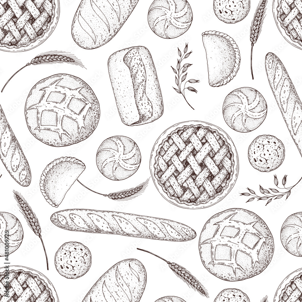 Obraz premium Different baked goods seamless pattern. Hand drawn vector illustration. Bakery sketch. Background template for design. Engraved food image. Hand drawn sketch with bread, pastry, sweet.