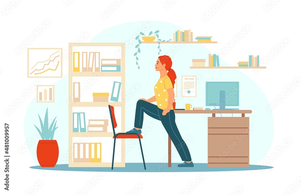 Workplace physical exercises. Home office fitness. Woman does physical workout. Helpful break during work. Training with furniture. Person stands in stretching pose. Vector concept
