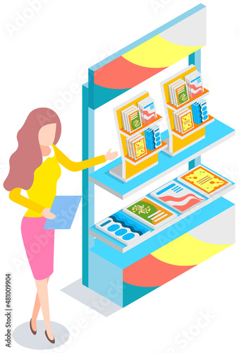 Woman promoting near stand with presentation product catalogs. Leafleting, advertising, marketing campaign, work in promotional company, promotion concept. Female promoter is sharing books, magazines