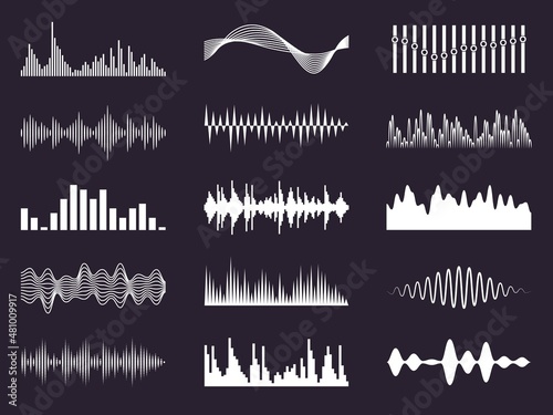White music waves. Digital sonic visualization. Electronic graphic signals. Sound tracking equalizer. Audio symbols. Soundtrack recorder signs. Melody frequency. Vector waveforms set