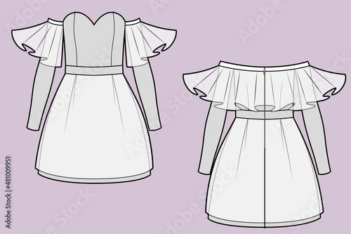Romantic dress fashion, woman evening dress technical drawing, front, back view