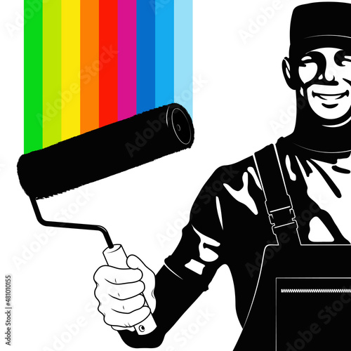 Painter with roller and paint. Painting and updating. Paint roller and rainbow