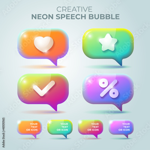 Isolated colourful speech bubbles with neon bright gradients for avertising or web content and social media publications, check mark, like, heart, star, rating and percent icon