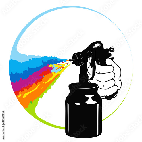 Spray gun with rainbow paint in hand. House painting and renovation symbol