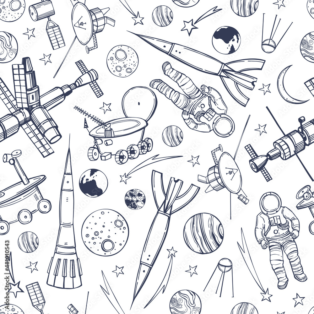 Fototapeta premium Vector pattern with space objects.