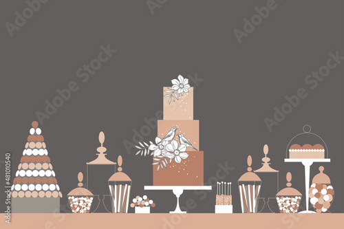 Wedding candy bar with cake and flowers. Dessert table.  Vector illustration.