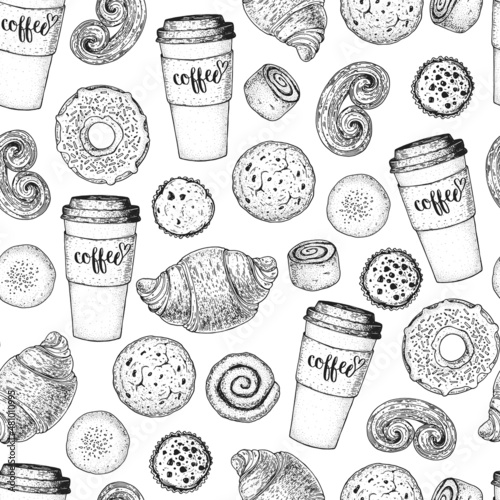 Pastry and coffee seamless pattern. Coffee house menu. Different baked goods. Hand drawn vector illustration. Bakery sketch. Background template for design. Engraved food image.
