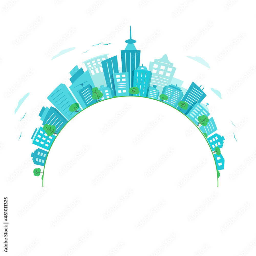 Concept green city. Round Panorama of city buildings. ecological green Urban landscape .