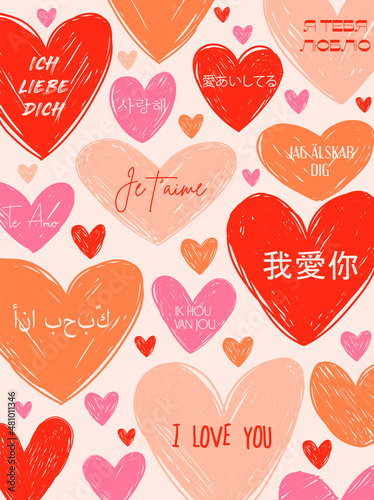 cute posters, valentines day greetings, heart shape. Vector illustration. I love you in different languages. Flyers, invitation, poster, brochure, banner.