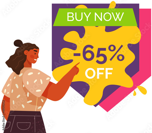 Buy now sale banner. Sale and discounts. Reduction offer vector poster with happy woman. New arrival, sale and special offer. Black friday. Big discount with girl pointing hand super price proposition