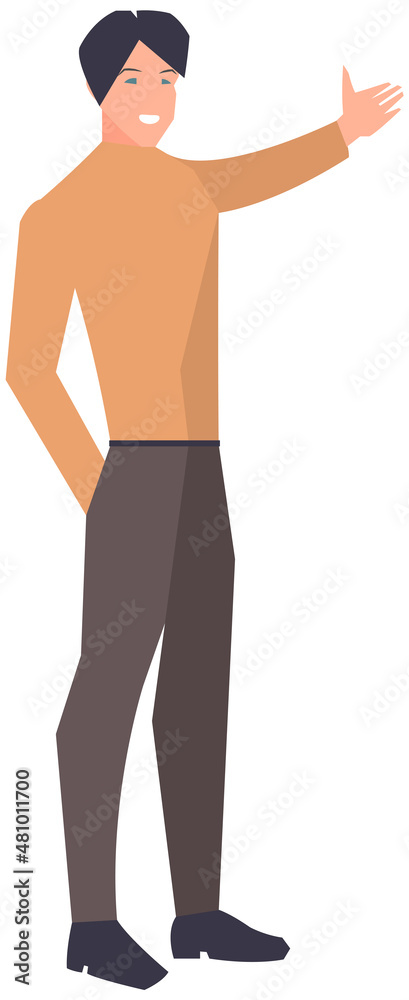Fototapeta premium Businessman pointing with hand and showing something. Manager at presentation, advertisement, business training and leader concept. Business man in casual clothing isolated on white background