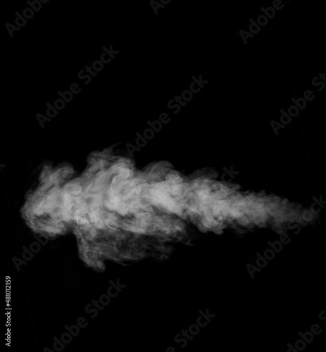 White horizontal steam, smoke isolated on black background. A piece of curly curving smoke to overlay on your photos. Abstract steam background