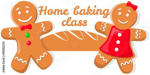 Baking masterclass emblem design with gingerbread men. For cafe brand, cooking pastries poster. Christmas sign template, bakery school badge. Baking class design elements with holiday gingerbread