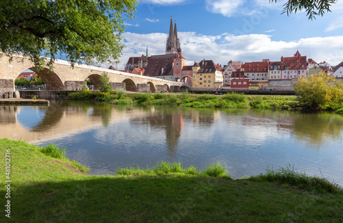 Regensburg. View of the old city embankment along the Danube. © pillerss
