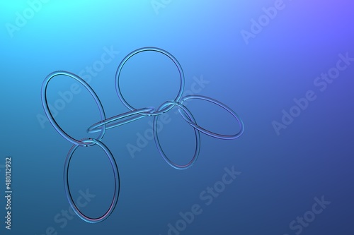 Glass rings on a blue background. Transparent chain of rings. Ring connection. Glass crystal rings on a blue background design 3D illustration. © Binkontan